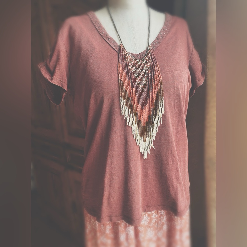 Artisan Upcycled Muted Rust Studded V-Neck Tee | Size S